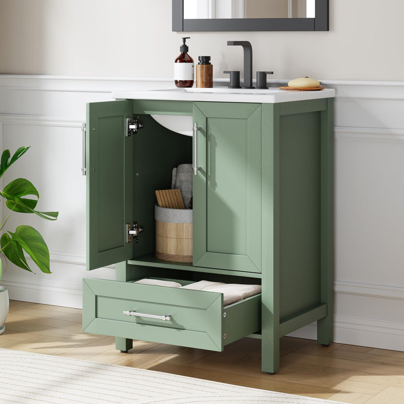 Bathroom Vanity with Ceramic Basin, Bathroom Storage Cabinet with Drawer and 2 Soft Closing Doors, Green, 24"