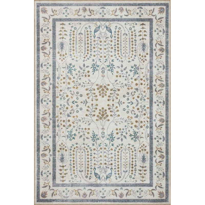Tapis tissé à motif botanique à bordure bordée et tapis lavable, Carré 3 pi 3 po