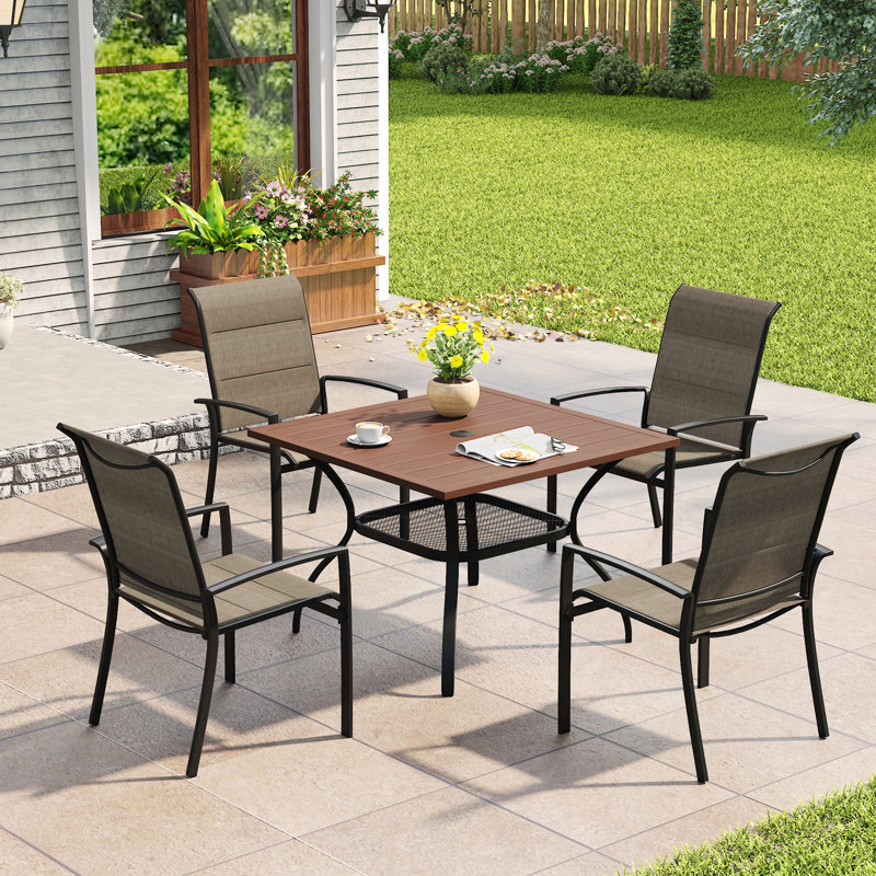 4-Person Patio Dining Set with Square Metal Dining Table and Padded PVC-coated polyester Chairs, Brush Wood Brown/Brown