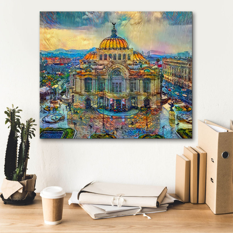 «Mexico City Palace in the Rain» par Pedro Gavidia - reproduction d'art sur toile tendue, H 20 po x l 24 po x P 0,75 po