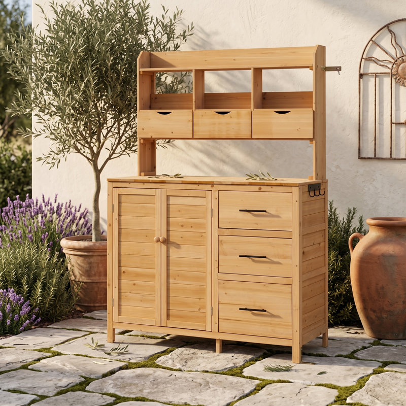 Banc de rempotage extérieur avec 6 tiroirs, armoire à tablettes réglables, crochets latéraux et plan de travail spacieux pour le jardin