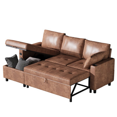 3-In-1 Pull Out Couch With Reversible Chaise Leather Sleeper Sofa With Storage Usb Cup Holder Pullout Sectional Couches 