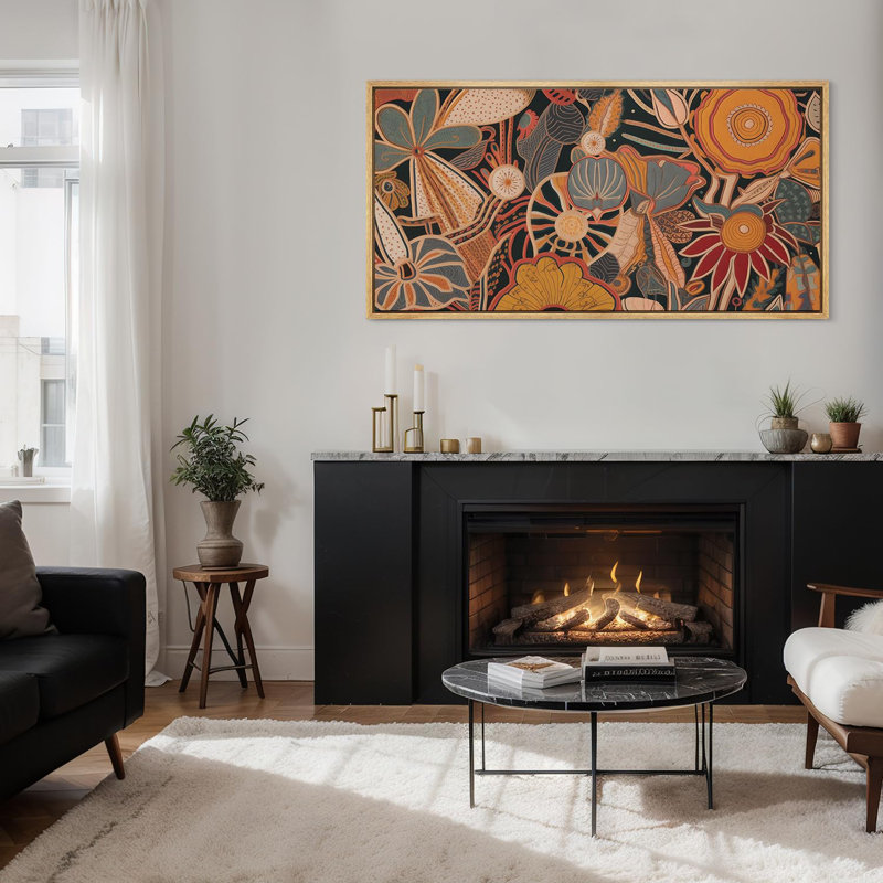 Abstrait botanique abstrait floral et faune bohème vibrant, H 30 po x l 60 po, Naturel