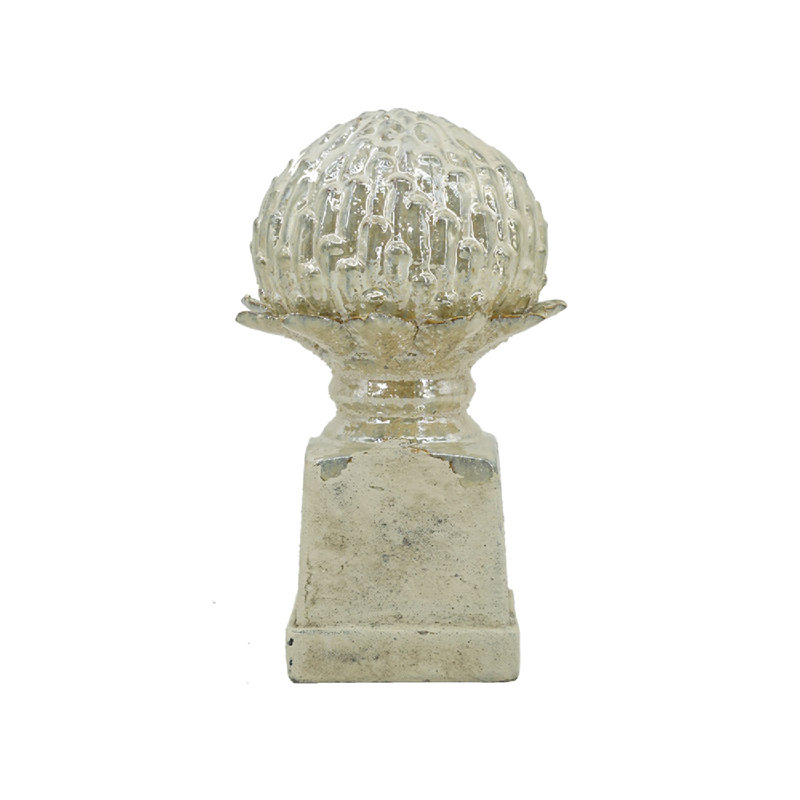 Gray Stoneware Artichoke Statue on Pedestal Base, 10.4" H x 6.9" W x 6.9" D