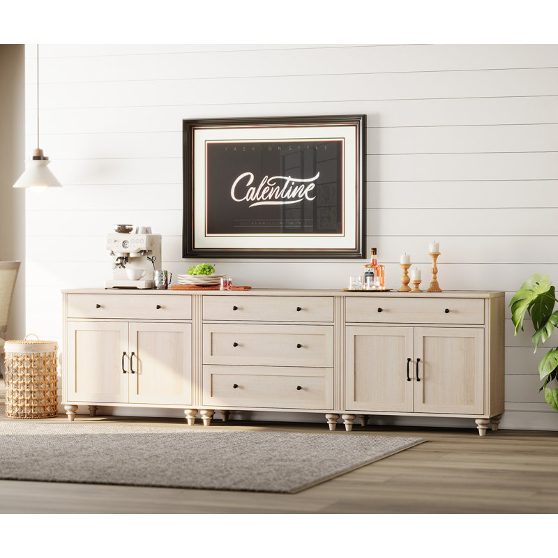 Buffet Corretta à 5 tiroirs et 4 portes, style vintage, fini chêne clair, 257 cm (101 po)., Beige