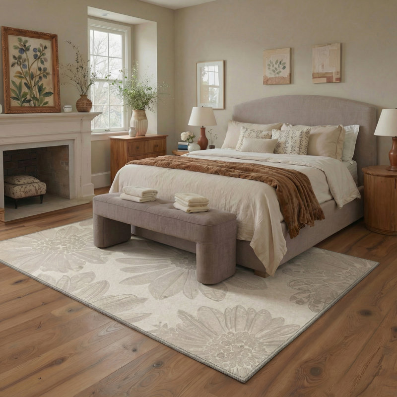 Veridia Floral Machine Washable Beige Indoor Area Rug with Non-Slip Backing, Rectangle 6' x 9'