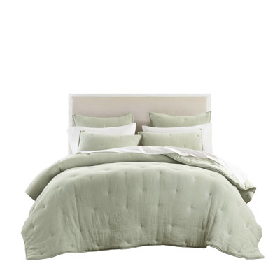 Courtepointe très grand en coton de taille sauge très doux avec texture froissée, respirante pour une utilisation toute l'année, motif brodé et gaze de sauge standard de 100, légère et confortable, confort toutes saisons, attelage
