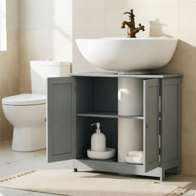 Meuble-lavabo gris moderne avec tablette réglable en MDF et double porte, pour lavabos sur pied et muraux., Gris