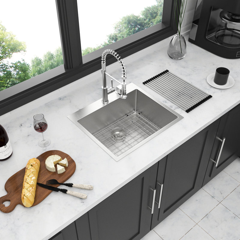 28" Single Bowl Topmount Kitchen Sink 28X22x10 - Stainless Steel 16G T304, Sound Blocking Pad, Unhindered Drainage Method, R10 Corner, Brushed Nickel 16 Gauge Soundproof Coating, Easy Drain,