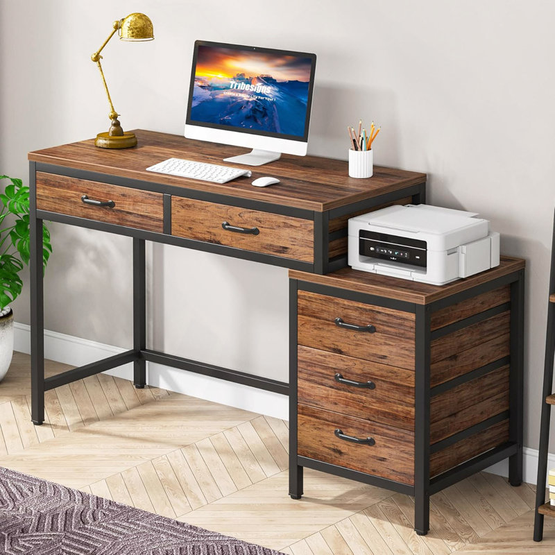 Bureau d'ordinateur 51 po réversible avec 5 tiroirs et classeur, bureau à domicile rustique avec support pour imprimante, table d'écriture industrielle avec rangement pour petits espaces