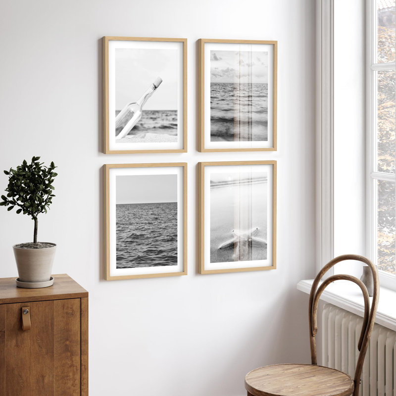 «Grayscale Beach Ocean Star Bottle Nature Wilderness Photographie Modern Decor» 4 pièces, Or, H 14 po x l 11 po