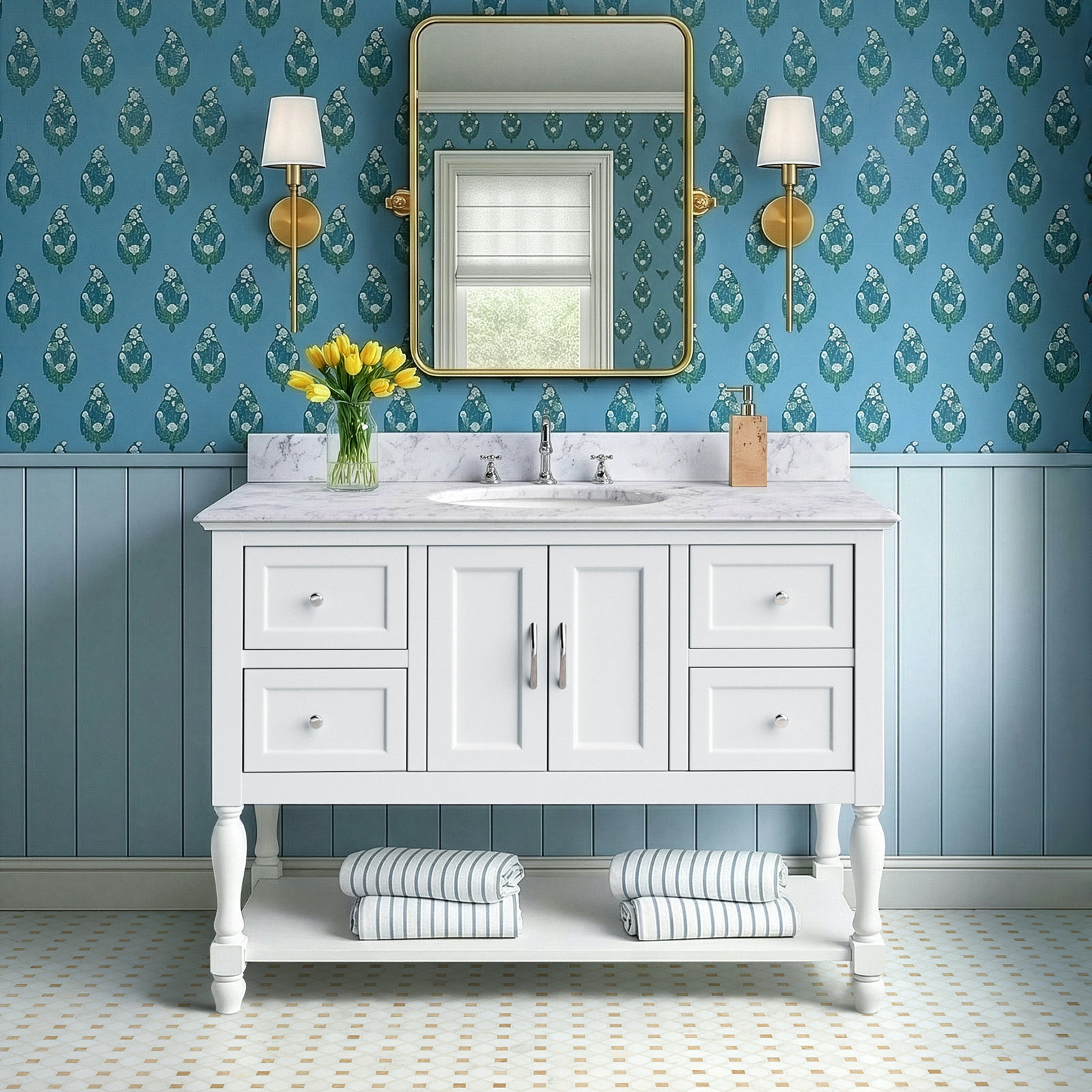 Hampton 48'' Single Bathroom Vanity, White, Carrara Marble