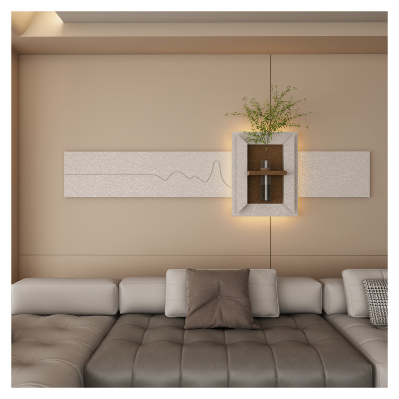 Décoration murale réglable en grès à 3 couleurs DEL avec plantes simulées - Sculpture d'art 3D, vase en verre et lumière télécommandée pour le salon, la chambre à coucher, le couloir