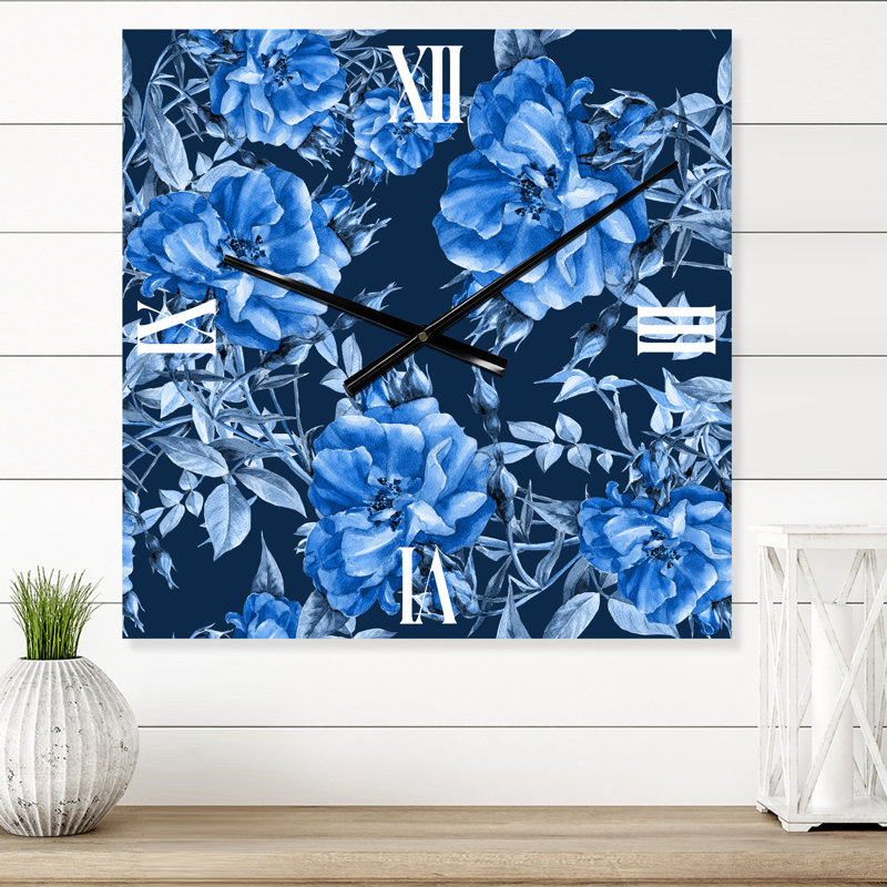 Horloge murale moderne - Fleurs bleues abstraites, Moyen