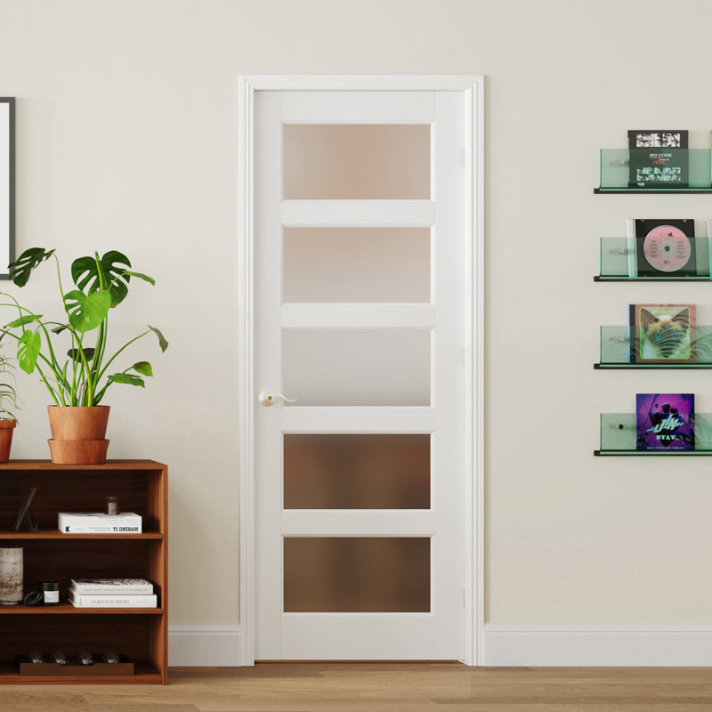 Porte intérieure française pré-suspendue en bois blanc à 5 panneaux en verre givré de style moderne, cadre réglable, bois massif et manufacturé avec cadre de porte et poignée