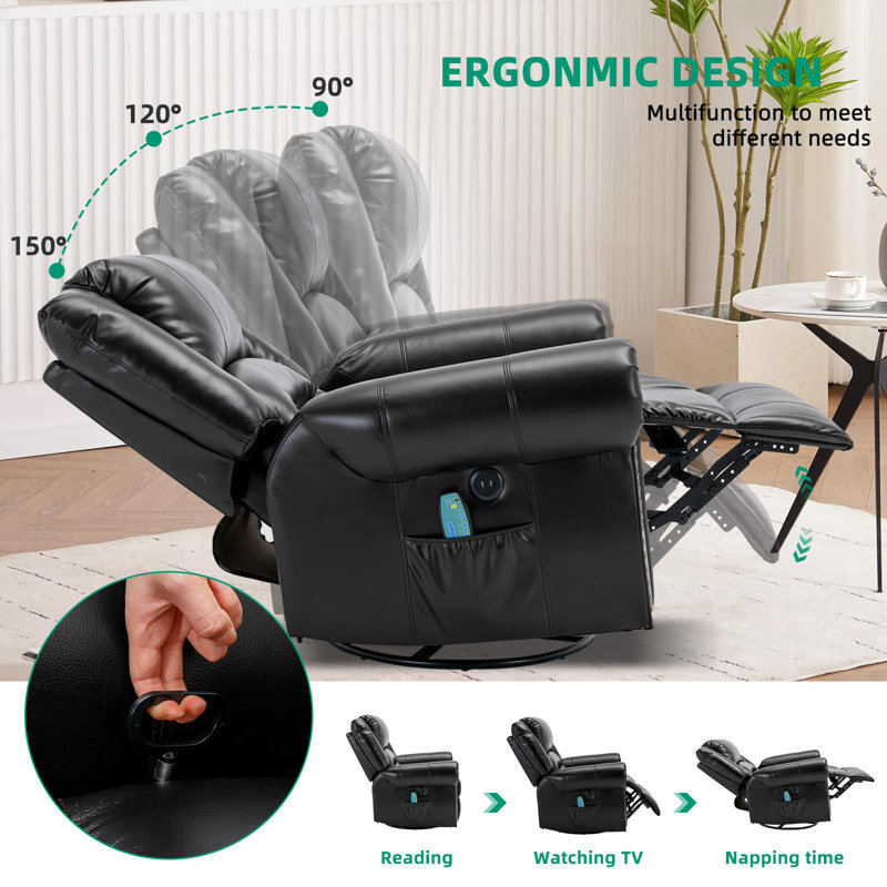 Heated Massage Swivel Rocking Recliner, Black (Leathaire)