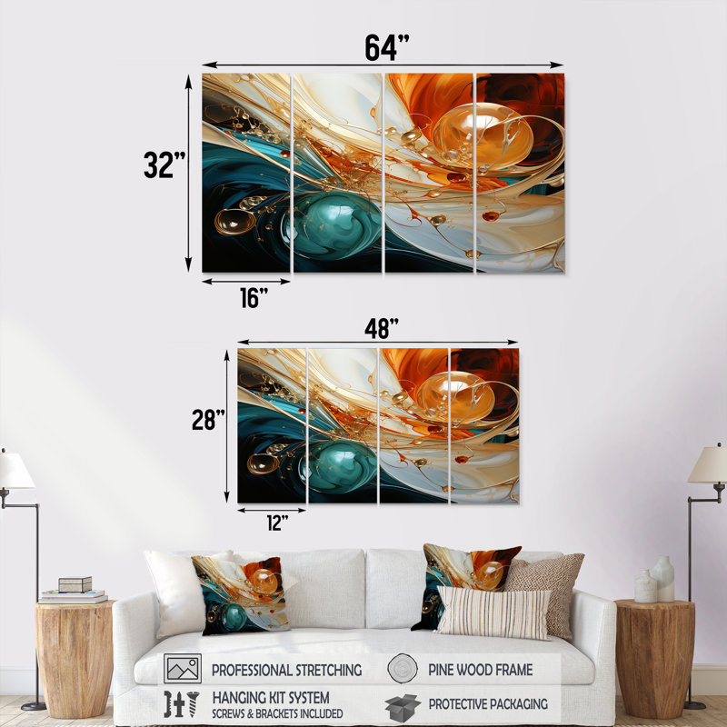 «Orange and Emerald Marble Lava II», peinture abstraite, art mural 4 pièces pour le salon, H 28 po x l 48 po