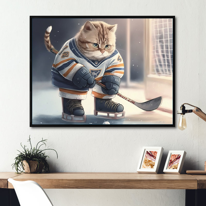 Dessin animé «Hocket Cat on Ice Rink I», impression sur toile, H 30 po x l 40 po x P 1,5 po, Toile avec cadre flottant noir