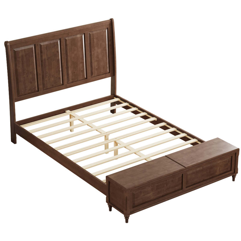 Bed Frame With Tall Headboard And Storage Bench,Soild Wood Sleigh Bed With Storage Chest, Walnut Brown, Queen