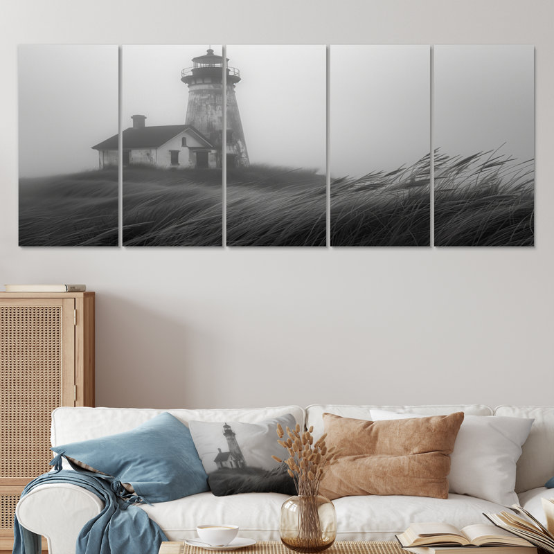 Phare monochrome brouillard d'hiver Cliff I - ensemble de décorations murales phares, H 28 po x l 60 po