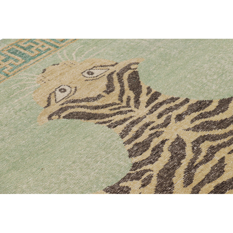 Rug & Kilim’S Distressed Tiger Skin Rug Design In Green With Pictorial, Rectangle 6' x 9'