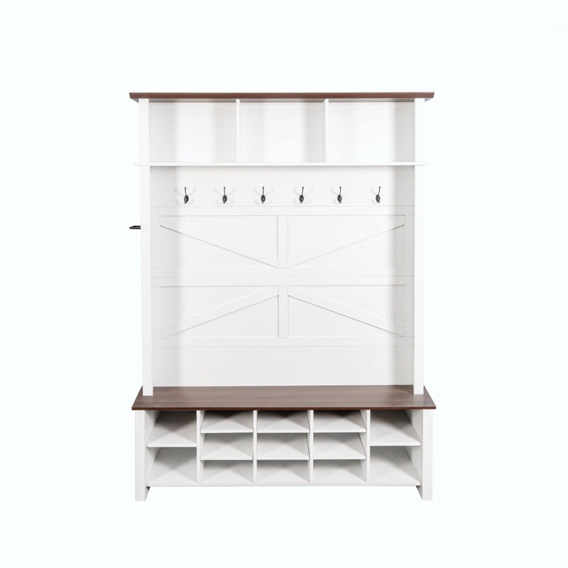 Hall Tree with 6 Hooks, Practical Walnut Entryway Bench with Adjustable Shelves, White