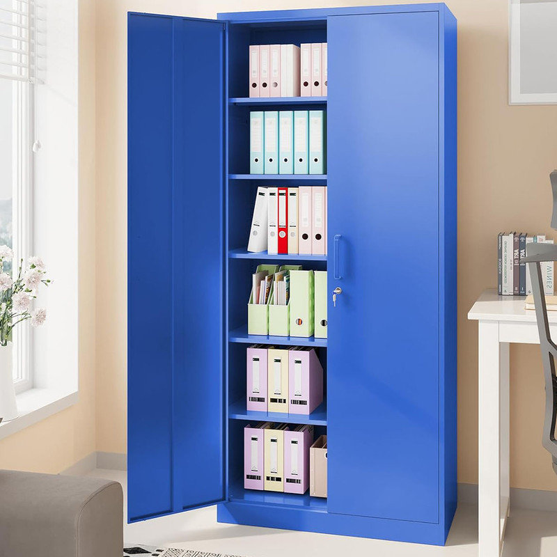 Blue Garage Storage Cabinet with Lock and 6 Shelves,,Metal Cabinet with Locking Doors  Lockable Storage Cabinet for Home,Office,Shop, Blue