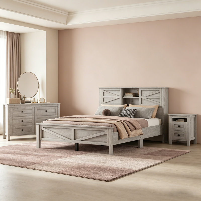 Ensemble de chambre à coucher 3 pièces avec grand lit plateforme, tête de lit, table de chevet et commode au fini gris antique