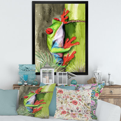 «Red Handed Frog Sitting on a Green Bamboo», reproduction sur toile