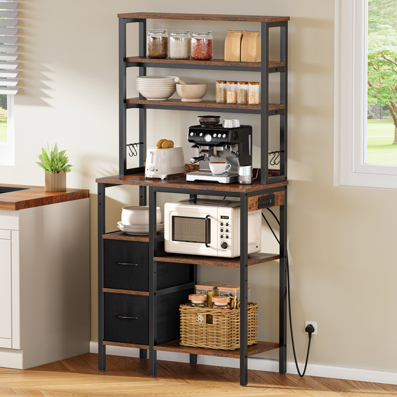  Kitchen Storage Rack With Power Outlet, 2 AC Outlets 2 USB Ports, Baker's Rack With 2 Drawers And 4 Hooks, Microwave Shelf