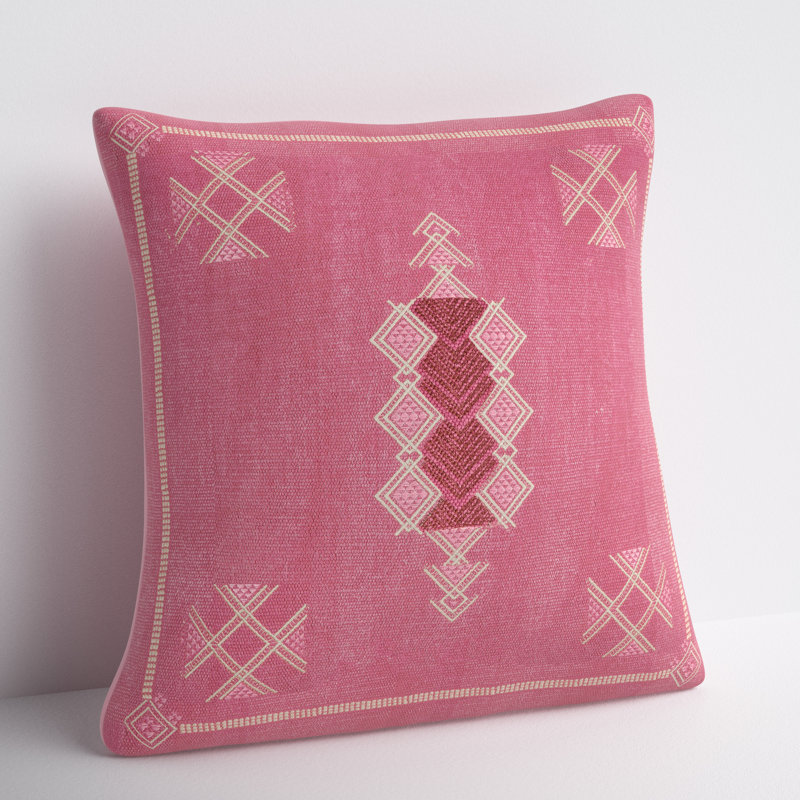 Pink and Tan Embroidered Cotton Throw Pillow 24"