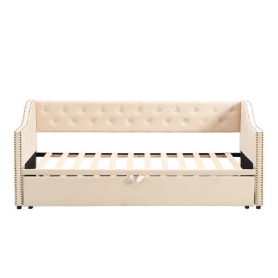 Twin Size Upholstered daybed with Pop Up Trundle -  Red Barrel Studio®, E033437DA7EF4FCAB86CDB8E9D20D9B8