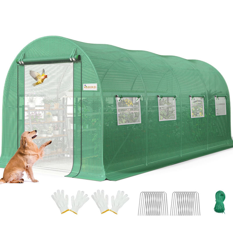 KING BIRD 15x6.6x6.6FT Large Walk-in Greenhouse Upgraded Heavy Duty Galvanized Steel Frame 2 Zippered Screen Doors 8 Screen Windows Tunnel Garden Plant Hot Green House Green