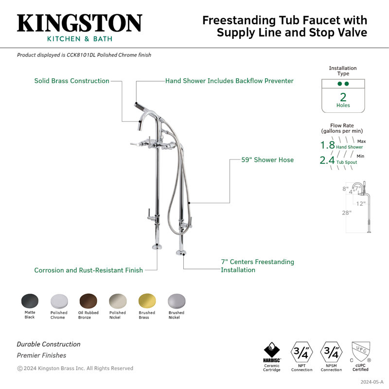 Kingston Brass Concord Freestanding Tub Faucet with Supply Line and Stop Valve, Polished Nickel