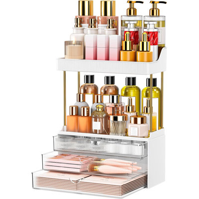 Organisateur de maquillage et de salle de bain en acrylique transparent à 3 tiroirs et 2 niveaux | 3 tiroirs lisses, 2 tablettes ouvertes, anti-poussière, facile à nettoyer