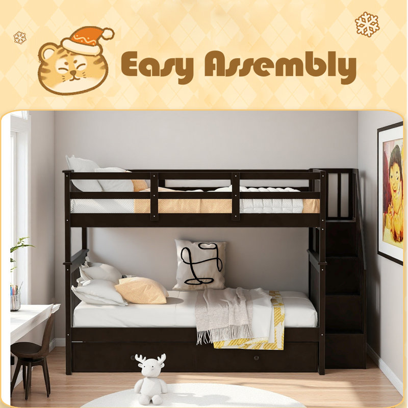 Stairway Full-Over-Full Bunk Bed With Twin Size Trundle, Storage And Guard Rail For Bedroom, Espresso
