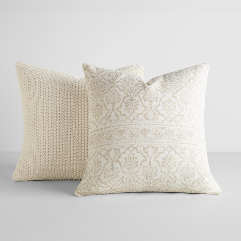 2-Pack Decor Throw Pillows Seed Stitch Knit with Cotton Patterns , Cream/Tan Floral
