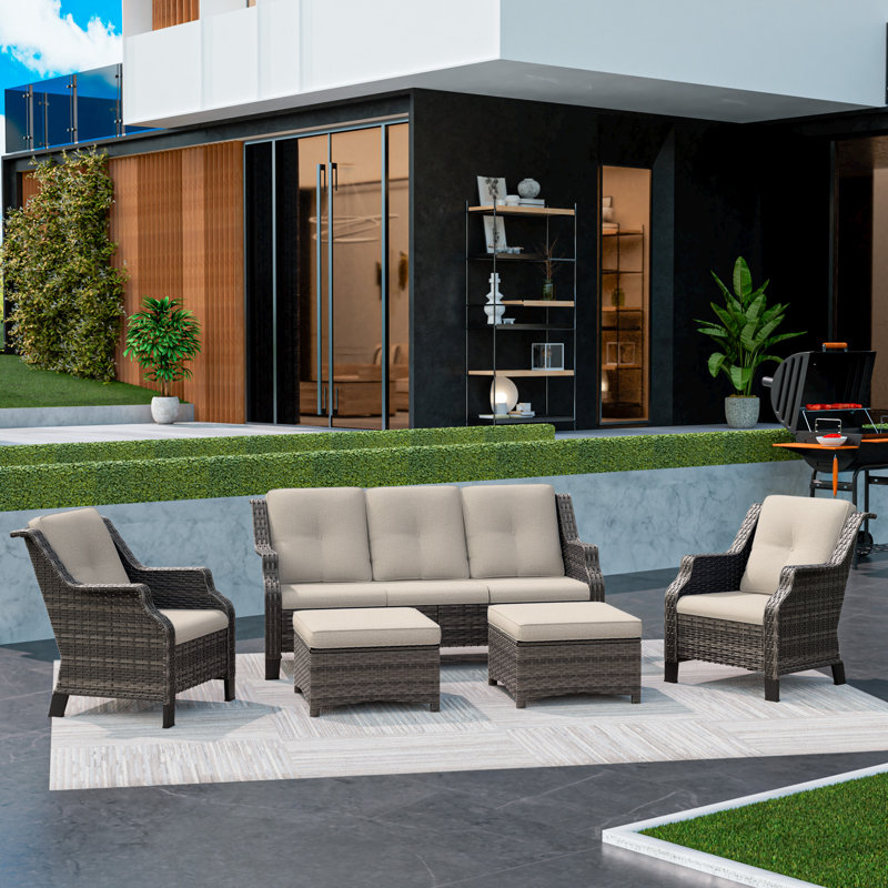 Ensemble de conversation de patio en osier 6 pièces avec coussins, canapé, chaises et repose-pieds 6 pièces, Beige