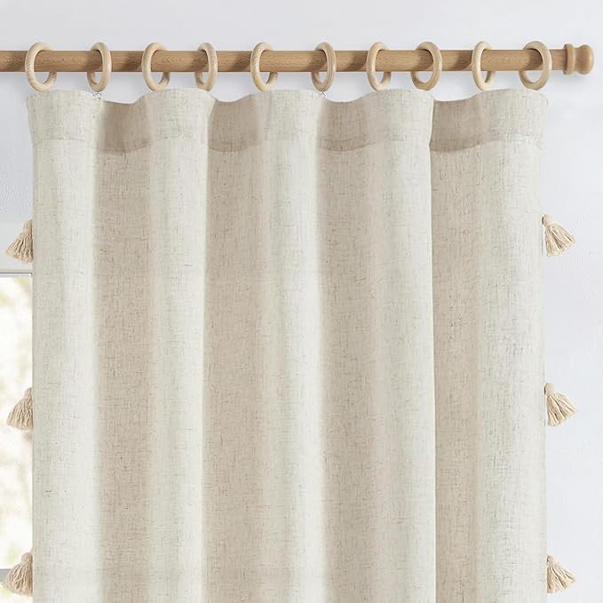 Paire de rideaux en lin mélangés à pompons pour salon, L 50 po x L 63 po