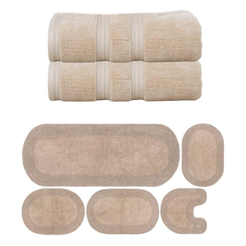 Brunk Collection 100% Soft Cotton 2 Pc Bath Towel Set & 5 Pc Bath Rug Set, (Set of 7), Linen
