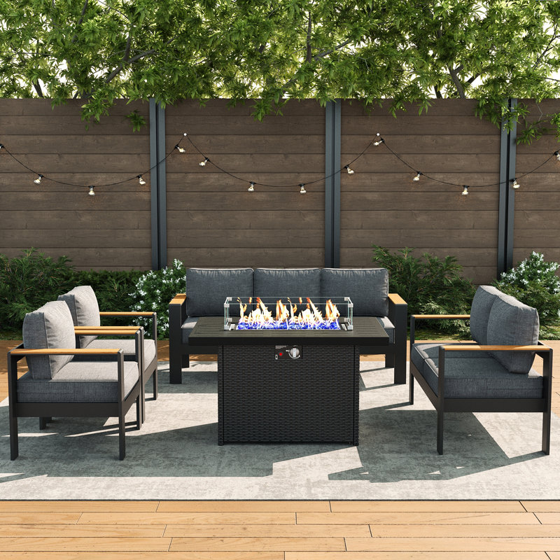 Ensemble de meubles d'extérieur en aluminium avec foyer, table de conversation moderne pour porche, cour arrière, Gris foncé