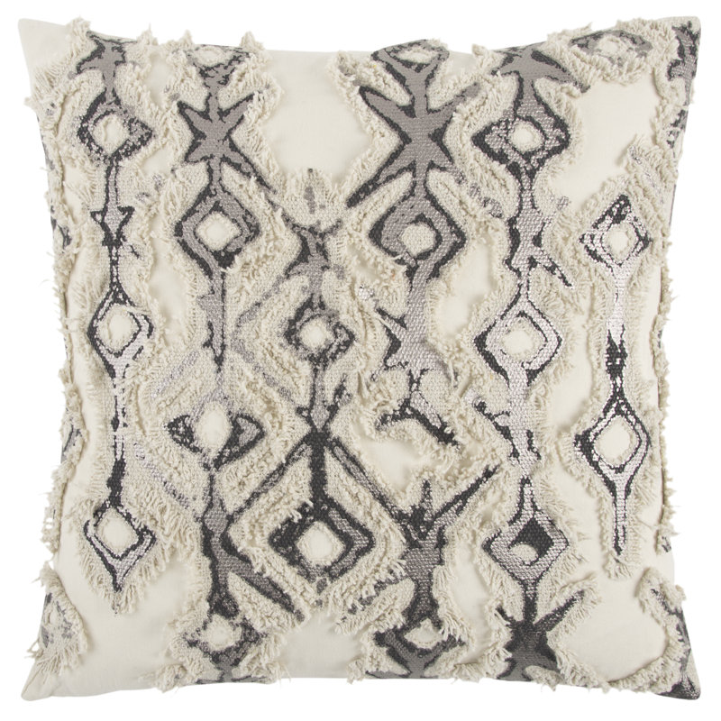 Ivory and Silver Geometric Cotton Throw Pillow with Frayed Edges
