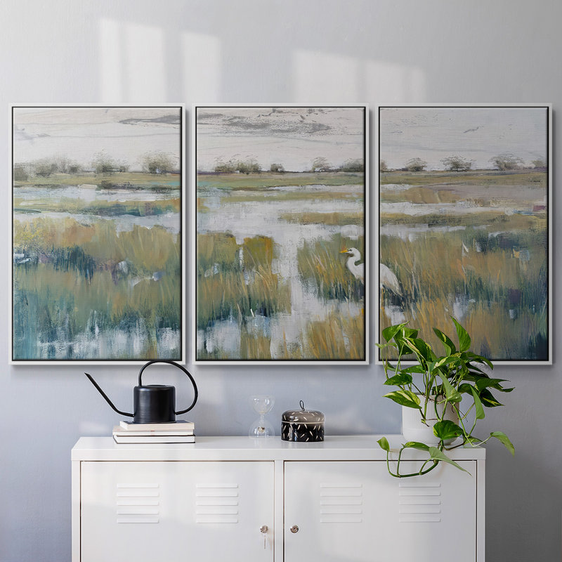 Marshland View VI, ensemble de 3 toiles encadrées, Cadre blanc, H 24 po x l 48 po x P 2 po