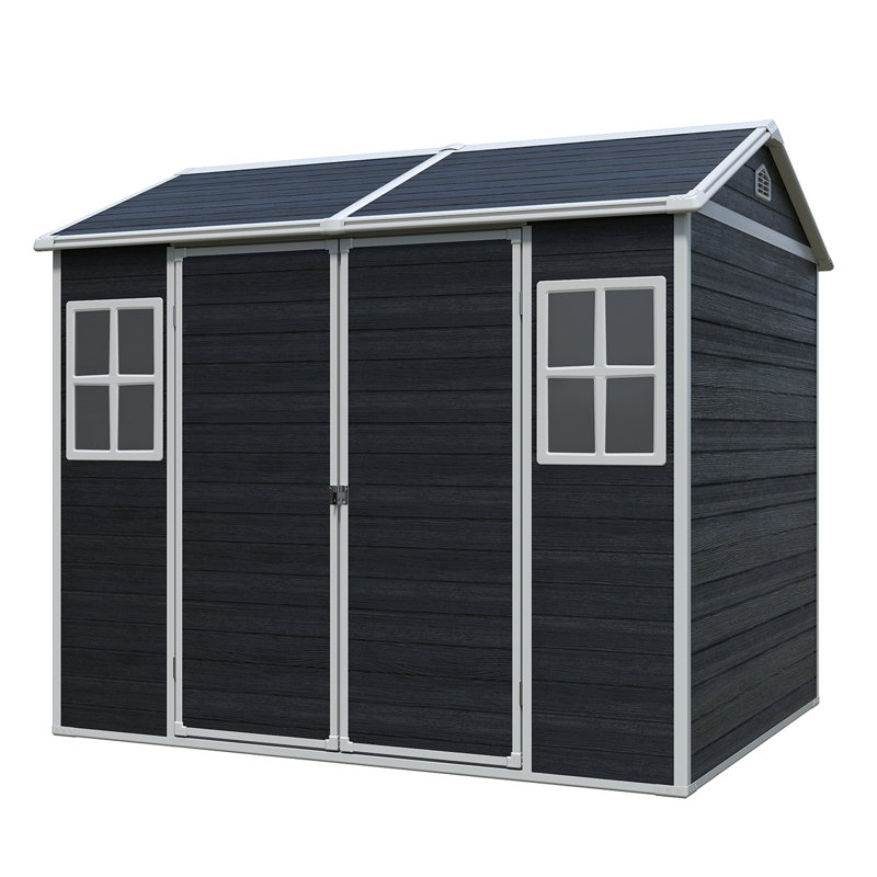 Remise de rangement extérieure en résine 8 x 6 pi imperméable avec plancher et deux fenêtres et porte verrouillable, remise à outils pour le jardin, le patio, la cour arrière