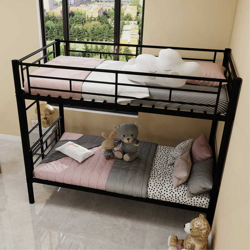 Lit superposé simple au-dessus d'un lit simple en métal pour les filles, structure de lit en métal avec échelles et garde-corps, 2 lits convertibles, aucun sommier requis