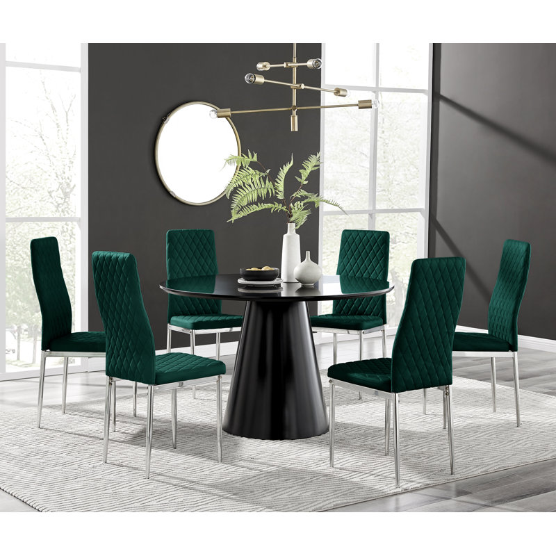 Edzard Statement Pedestal Round Dining Table Set & 6 Luxury Velvet Dining Chairs, Black, Grey/Gold