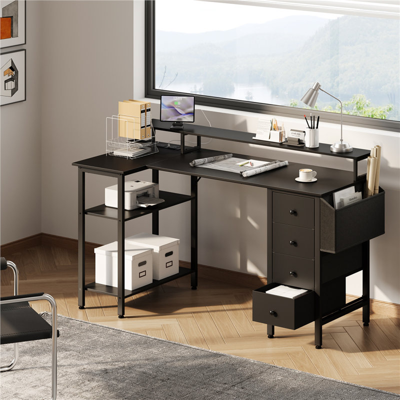 L-Shaped Computer Desk with Built-In Electrical Outlet, 140cm L x 68cm W x 87cm H, Black