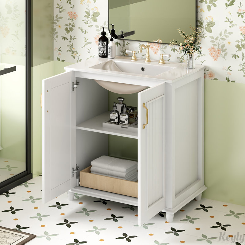 Meuble-lavabo 30 po avec lavabo en céramique, tiroir caché, Blanc