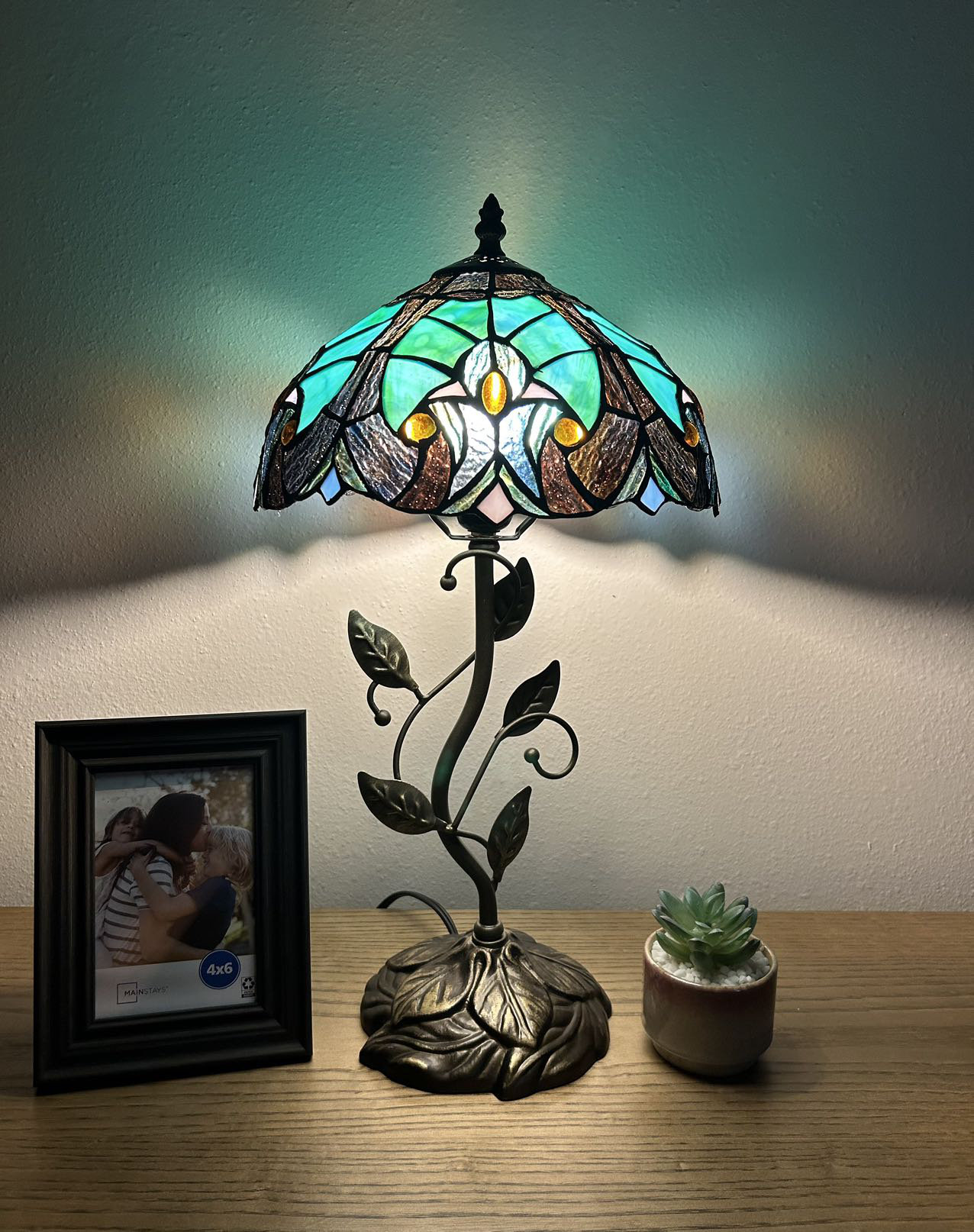 Astoria Grand Righer Tiffany Table Lamp Green Brown Stained Glass LED