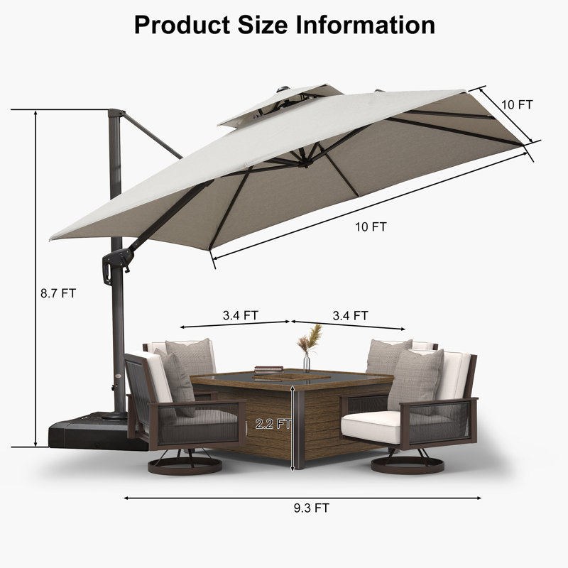 Karnesha Eco-Friendly Advanced Fabric 10" x 10" Square Cantilever Umbrella  with Base, Light Grey